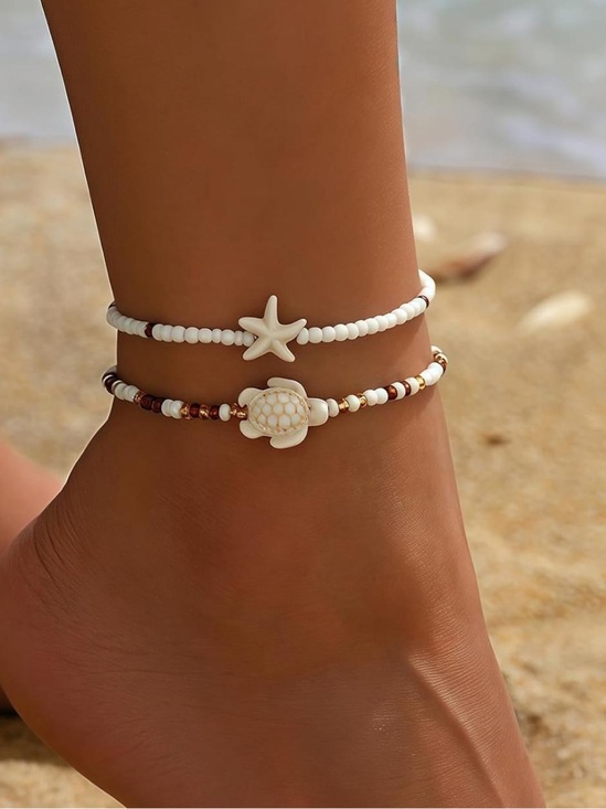 Anthropologie Jewelry - Anthropologie White Shell Starfish & Turtle Beaded Anklet Duo
